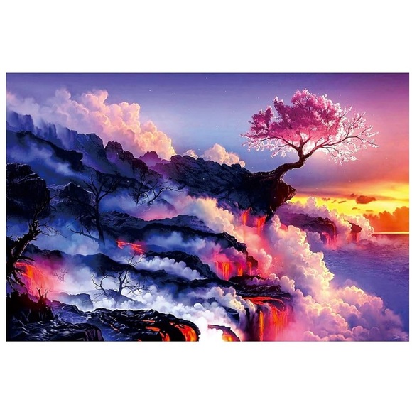 Vibrant Landscape Art Print Wooden Puzzle cherry blossom on lava 1000 piece - Picture 1 of 11